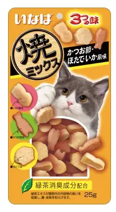 Купить inaba yakimiksu Лакомство для кошек Снеки со вкусом кацуобуси, морского гребешка и кальмара