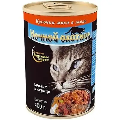 Купить Ночной охотник консервы для кошек кусочки в желе кролик сердце 