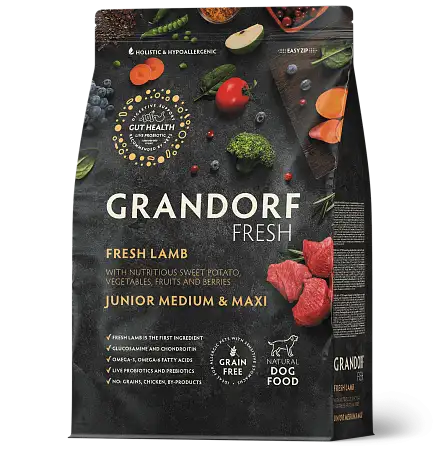 Купить grandorf fresh сухой беззерновой корм для юниоров с живыми пробиотиками, ягненок с бататом