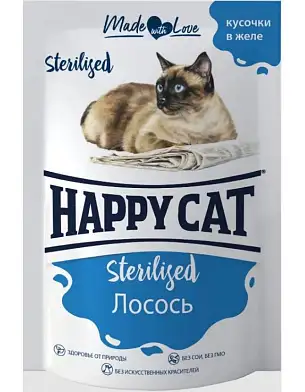 Happy cat влажный корм для стерилизованных кошек, лосось кусочки в желе (пауч)