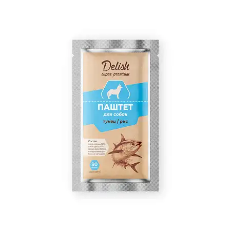 Купить delish super premium влажный корм для собак (паштет) тунец, рис (пауч)