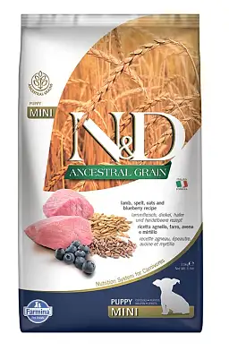 Farmina N&D Ancestral Grain Dog Lamb & Blueberry Puppy Mini сухой низкозерновой корм для щенков мелких пород с ягненком и черникой