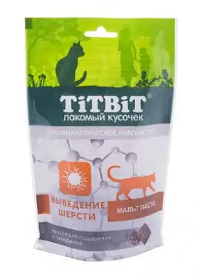 TITBIT Лакомства для кошек хрустящие подушечки, с говядиной для выведения шерсти