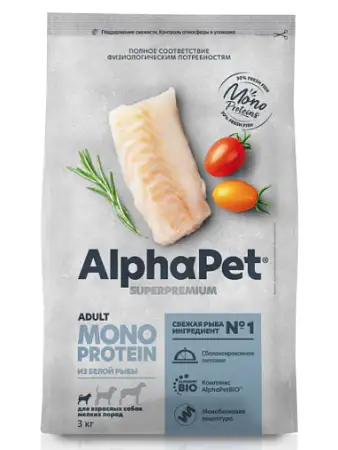 Купить alphapet superpremium monoprotein сухой корм для взрослых собак мелких пород с белой рыбой